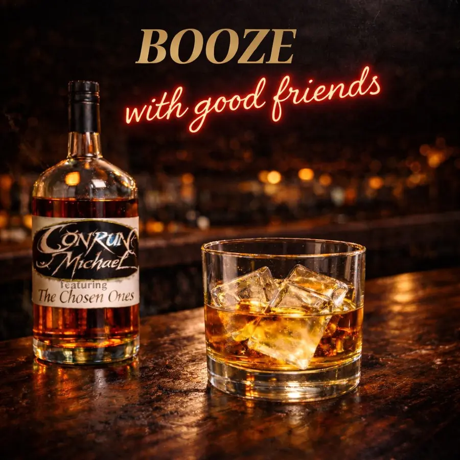 Originalcover des Albums Booze with Good Friends mit Whiskeyflasche und Glas auf einem Bartresen