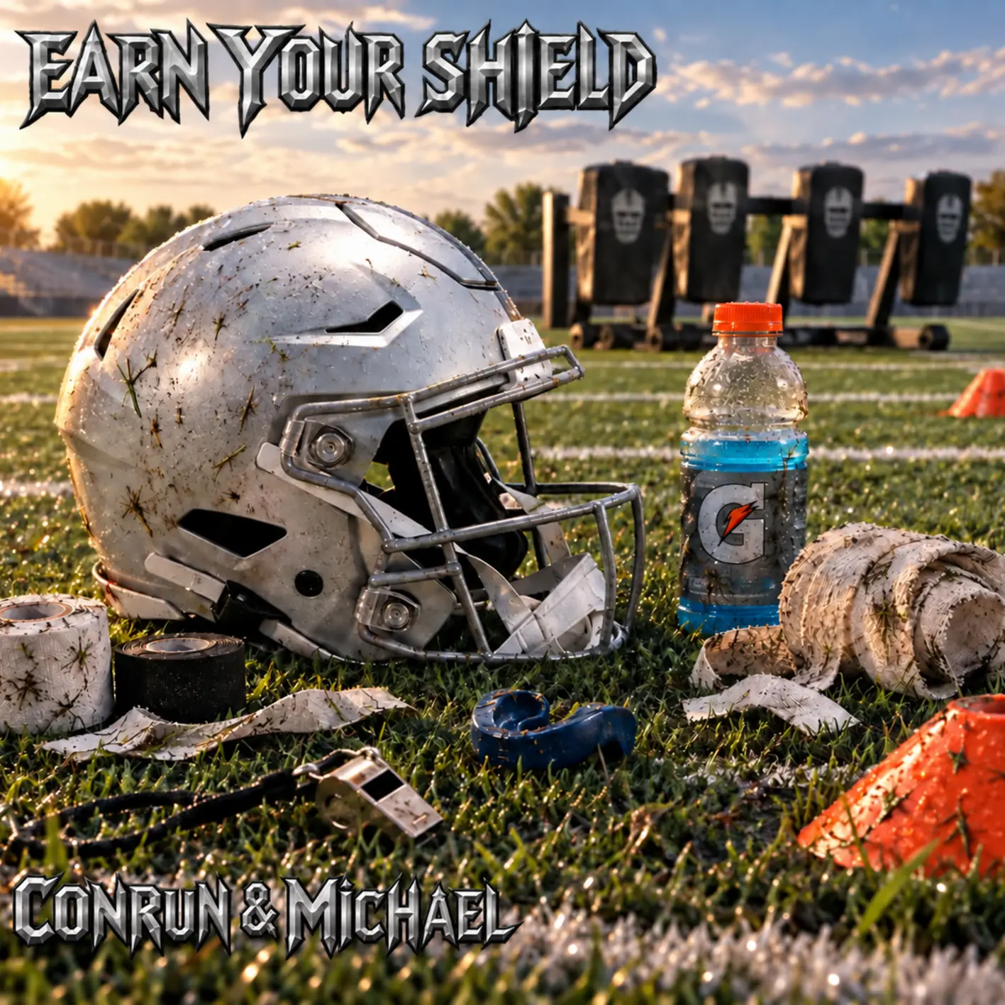 Originalcover von Earn Your Shield mit silbernem Footballhelm auf einem Trainingsfeld