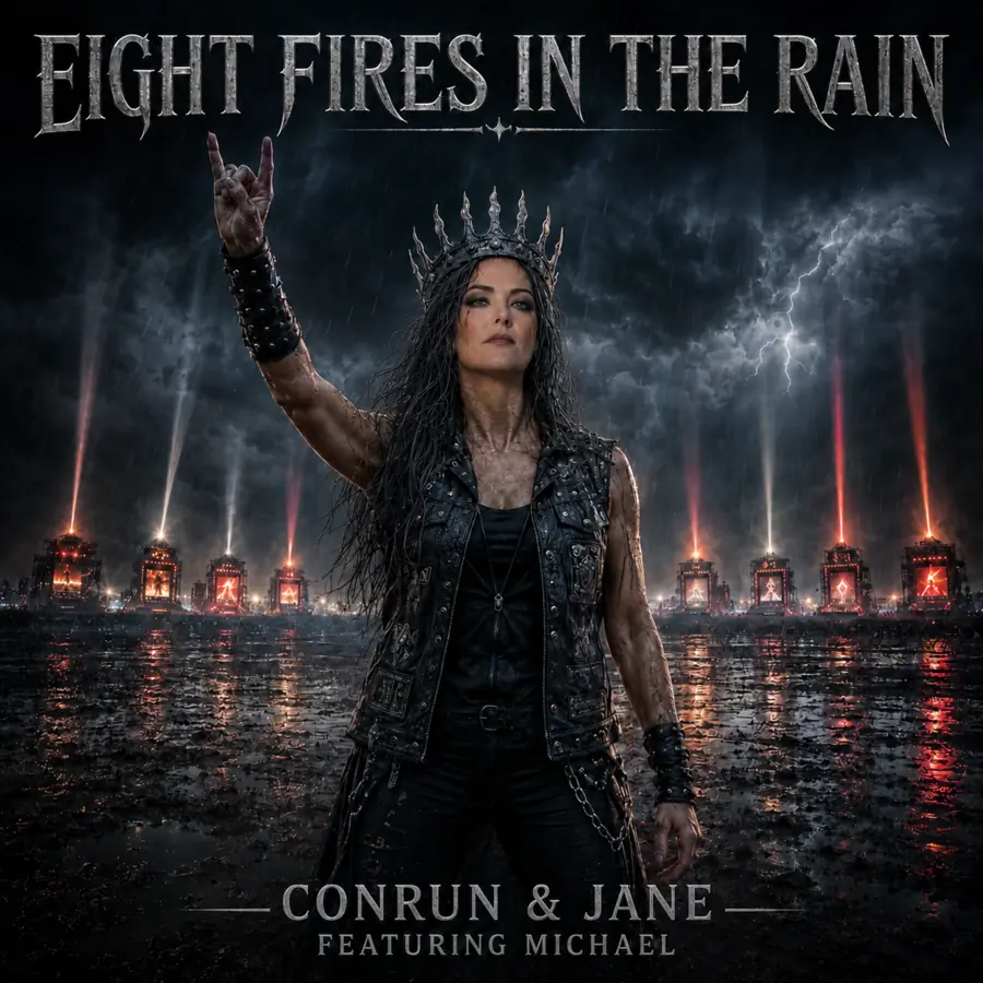 Originalcover von Eight Fires in the Rain mit Jane im Regen vor acht beleuchteten Festivalbühnen