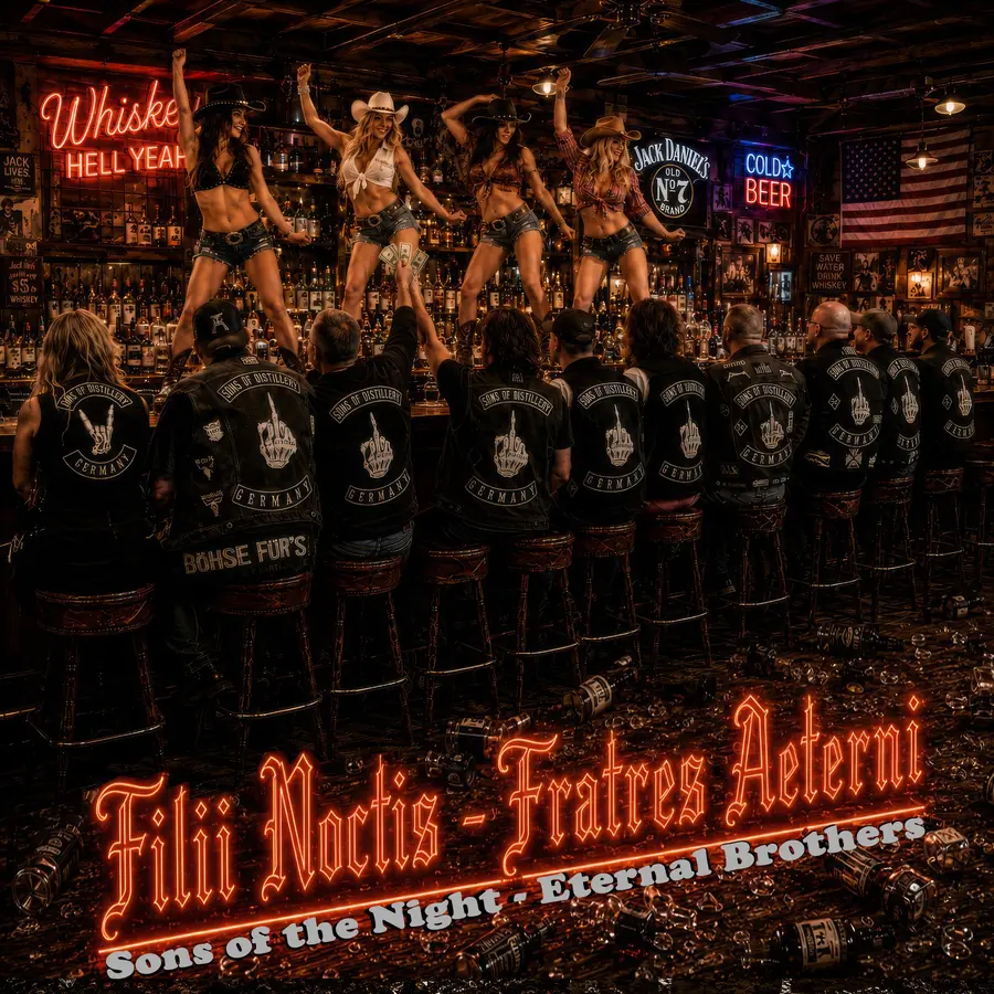 Originalcover von Filii Noctis – Fratres Aeterni mit den Sons of Distillery vor einer Whiskey-Bar