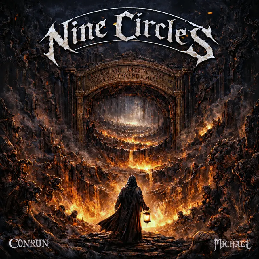 Originalcover von Nine Circles mit einem Wanderer vor den brennenden Kreisen einer Unterwelt