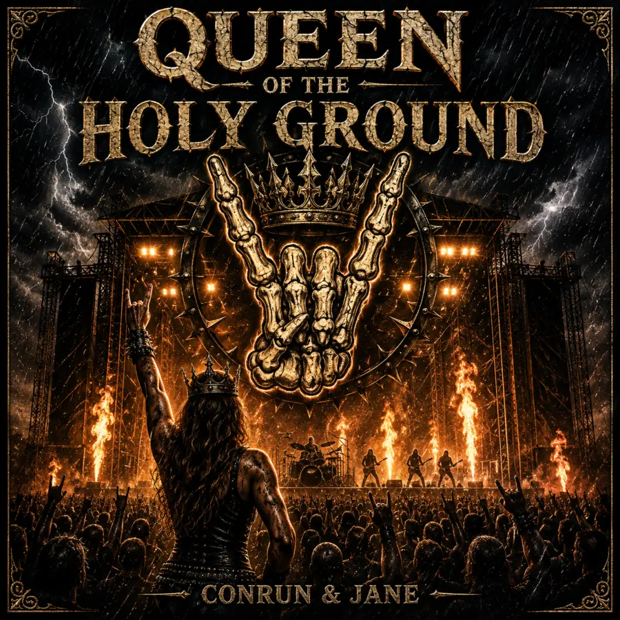 Originalcover von Queen of the Holy Ground mit einer gekrönten Metal-Frontfrau vor einer brennenden Festivalbühne