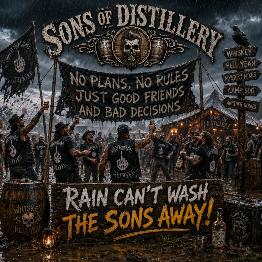 Originalcover von Rain Can’t Wash the Sons Away mit den Sons of Distillery auf einem verregneten Festivalgelände