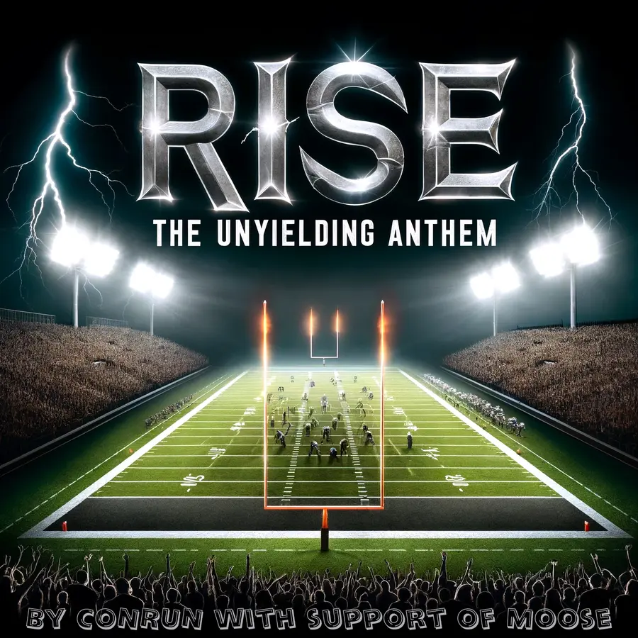 Originalcover von Rise (The Unyielding Anthem) mit nächtlichem Football-Stadion, Blitzen und Flutlicht