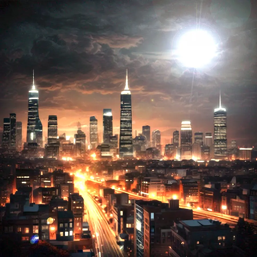 Originalcover von Shadows into Light mit einer nächtlichen Stadt, leuchtenden Straßen und hellem Mond
