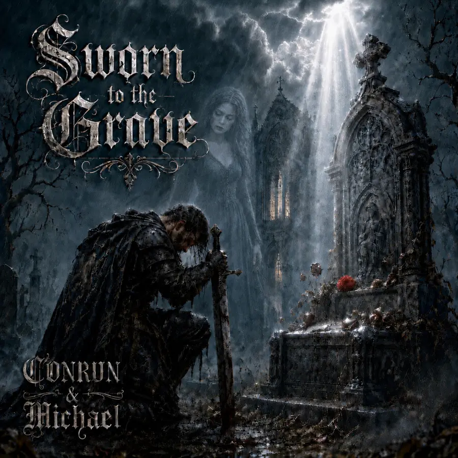 Originalcover von Sworn to the Grave mit einem knienden Ritter an einem gotischen Grab im Regen