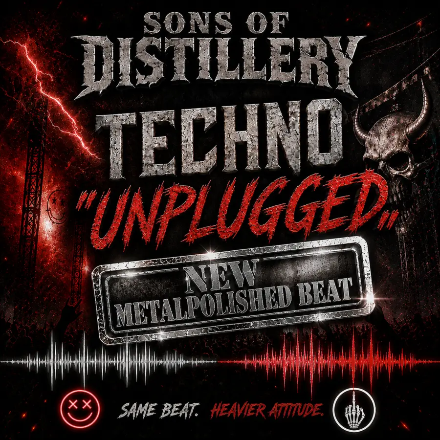 Originalcover von Techno Unplugged mit metallischem Schriftzug, rotem Audiowellen-Motiv und Sons-of-Distillery-Emblem