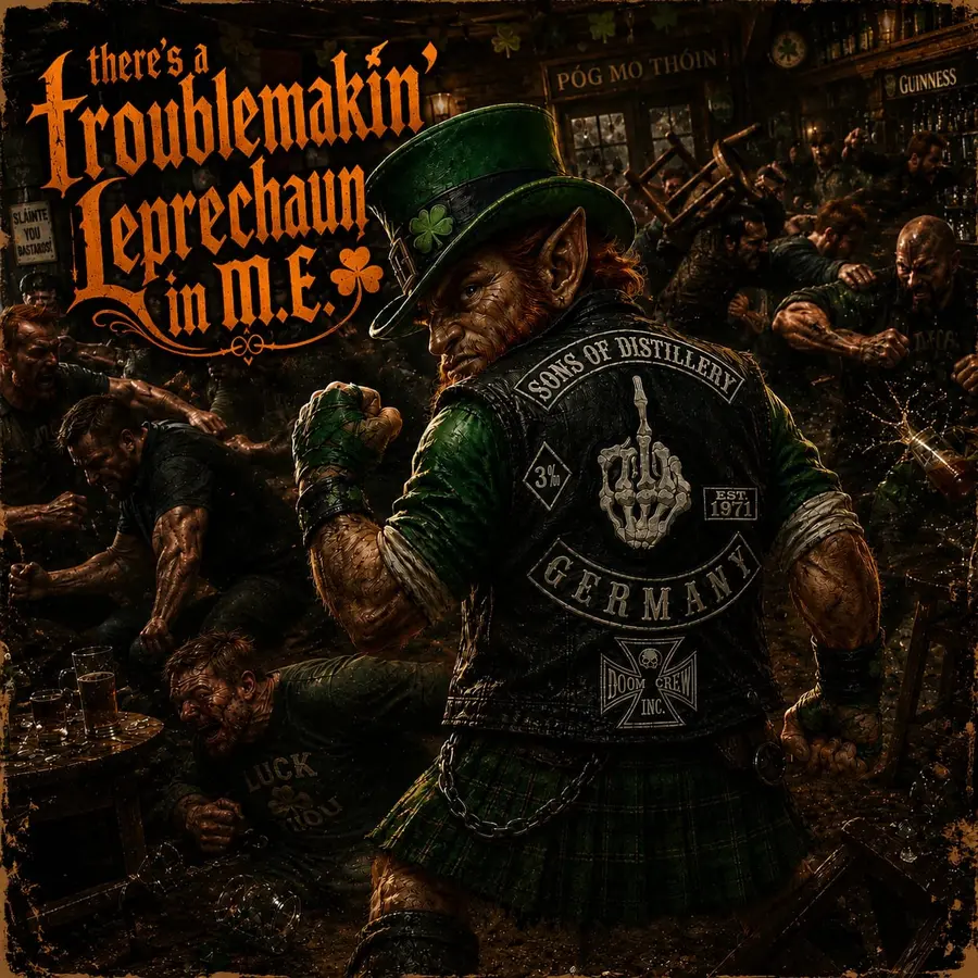 Originalcover von There’s a Troublemaking Leprechaun in Me mit einem kämpfenden Leprechaun im überfüllten Pub