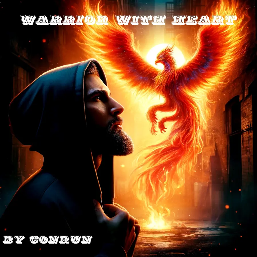 Originalcover von Warrior with Heart mit einem verhüllten Krieger vor einem flammenden Phönix