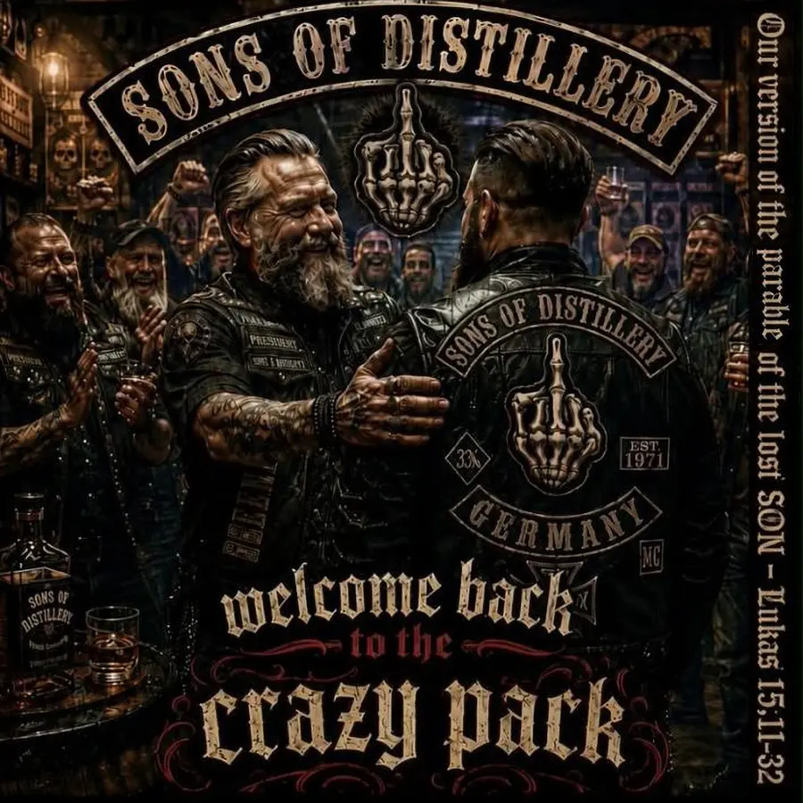 Originalcover von Welcome Back to the Crazy Pack mit einer Rückkehrszene im Umfeld der Sons of Distillery