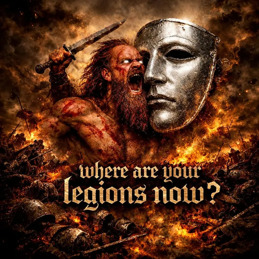 Originalcover von Where Are Your Legions Now? mit einem germanischen Krieger und einer zerbrochenen römischen Maske im brennenden Schlachtfeld